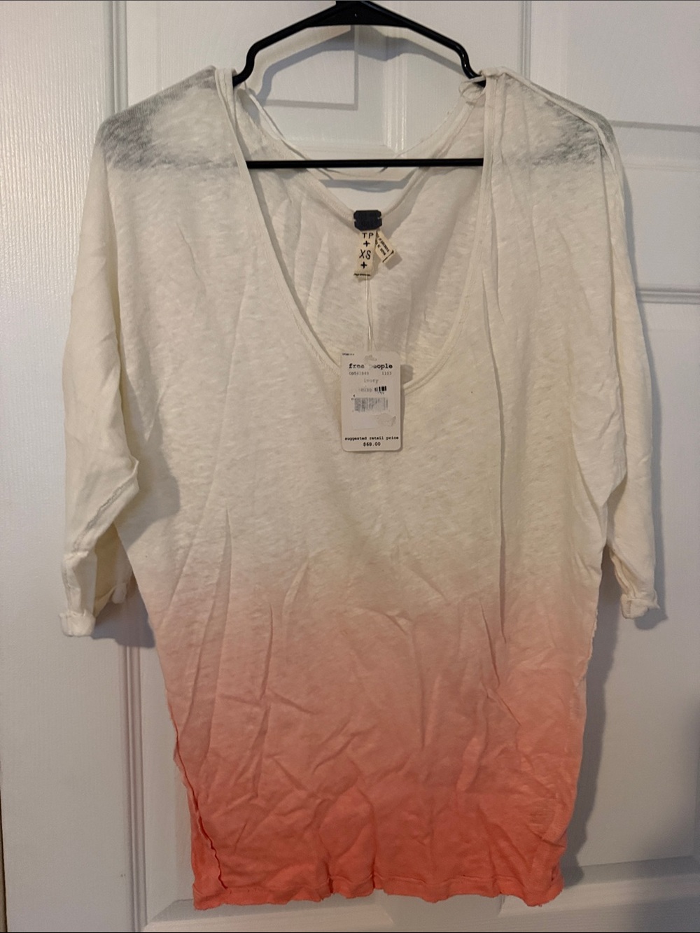 Free People White to Coral Ombre V-Neck Top